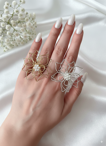 انگشتر مدل گل مرواریدی اندازه بزرگ جنس برنج و آبکاری رودیوم